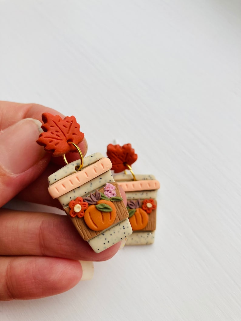 Pumpkin earrings// pumpkin spice latte earrings// Halloween earrings// autumn earrings// flower earrings// winter earrings// polymer clay ea image 5