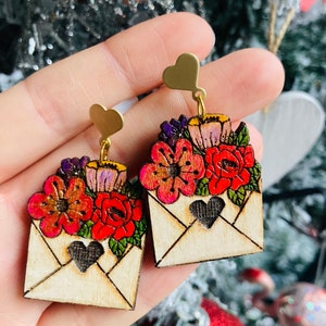 Valentines earrings//love letter earrings// flower earrings// wood earrings// spring earrings// winter earrings// wood flower earrings. image 5