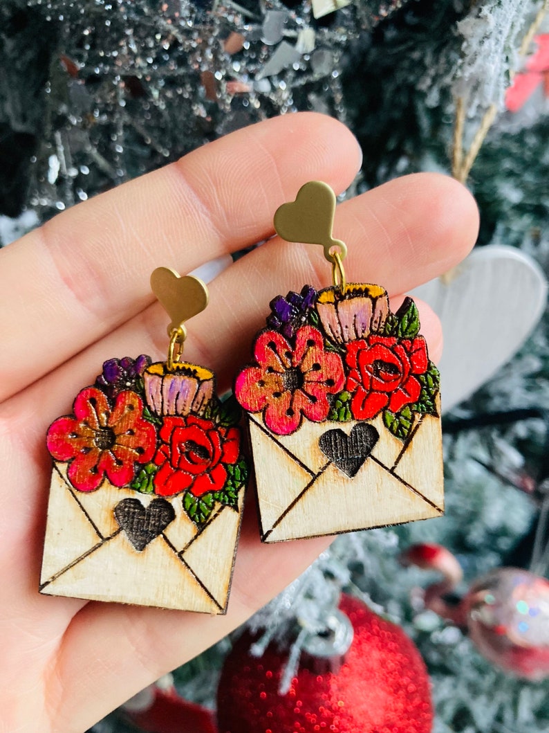 Valentines earrings//love letter earrings// flower earrings// wood earrings// spring earrings// winter earrings// wood flower earrings. image 5