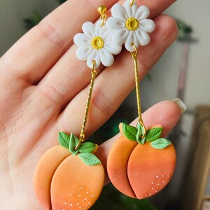 Summer earrings// spring earrings//peach earrings// fruit earrings// clay peach earrings// polymer clay earrings//flower earrings image 8