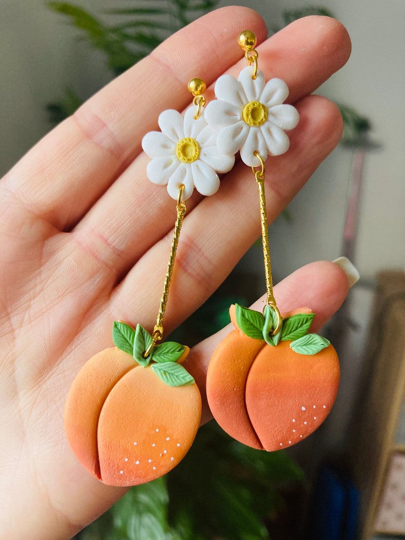 Summer earrings// spring earrings//peach earrings// fruit earrings// clay peach earrings// polymer clay earrings//flower earrings image 8