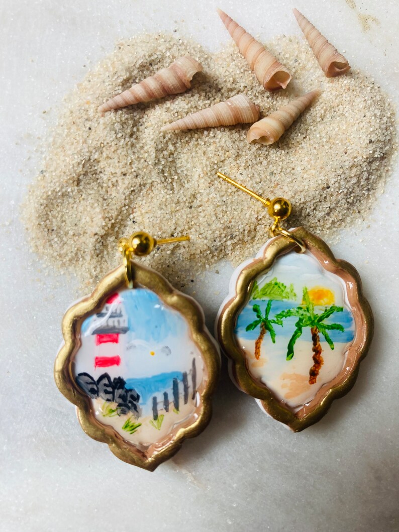 Summer earrings// seaside earrings// polymer clay earrings// picture frame earrings. image 2