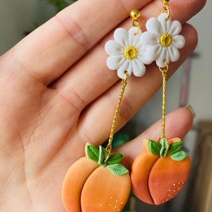 Summer earrings// spring earrings//peach earrings// fruit earrings// clay peach earrings// polymer clay earrings//flower earrings image 3