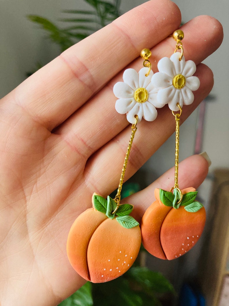 Summer earrings// spring earrings//peach earrings// fruit earrings// clay peach earrings// polymer clay earrings//flower earrings image 3