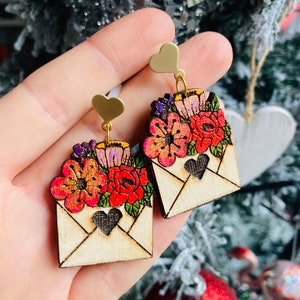 Valentines earrings//love letter earrings// flower earrings// wood earrings// spring earrings// winter earrings// wood flower earrings. image 7