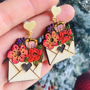 Valentines earrings//love letter earrings// flower earrings// wood earrings// spring earrings// winter earrings// wood flower earrings. image 8