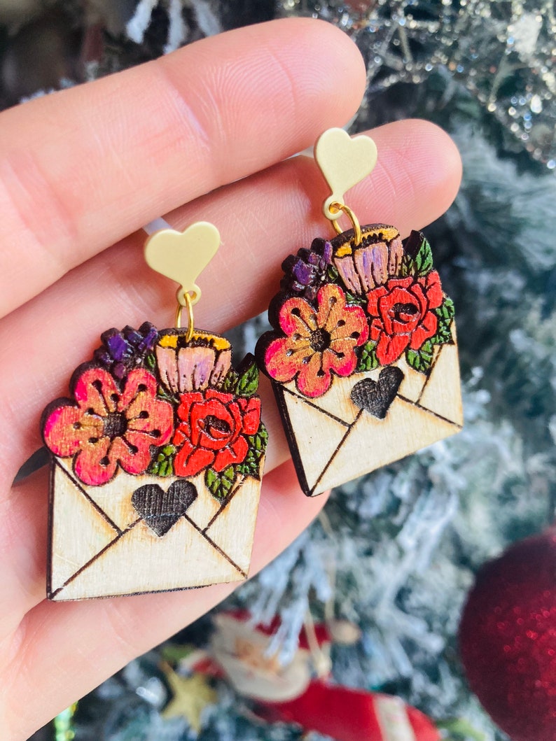 Valentines earrings//love letter earrings// flower earrings// wood earrings// spring earrings// winter earrings// wood flower earrings. image 8