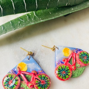 Summer earrings// autumn earrings// bike earrings// bike ride earrings//flower earrings// polymer clay earrings// image 4