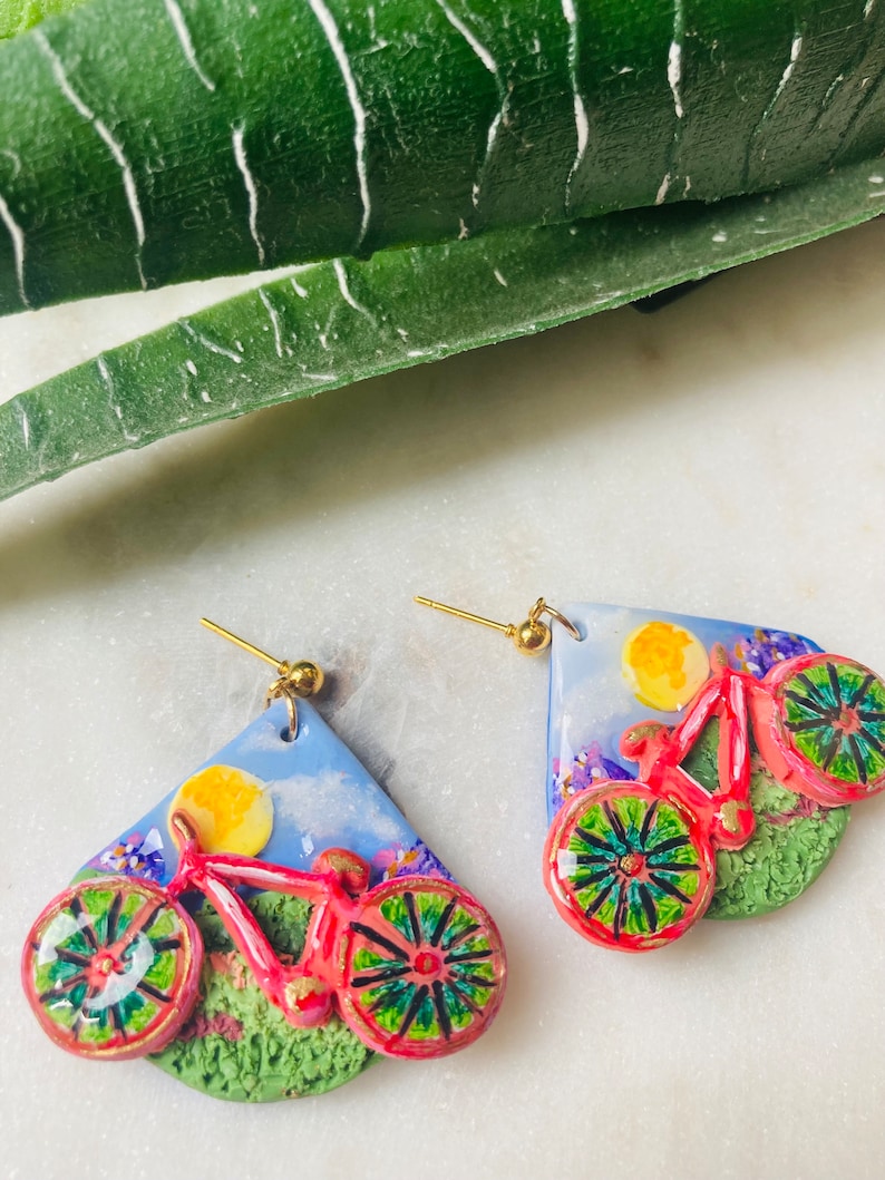 Summer earrings// autumn earrings// bike earrings// bike ride earrings//flower earrings// polymer clay earrings// image 4