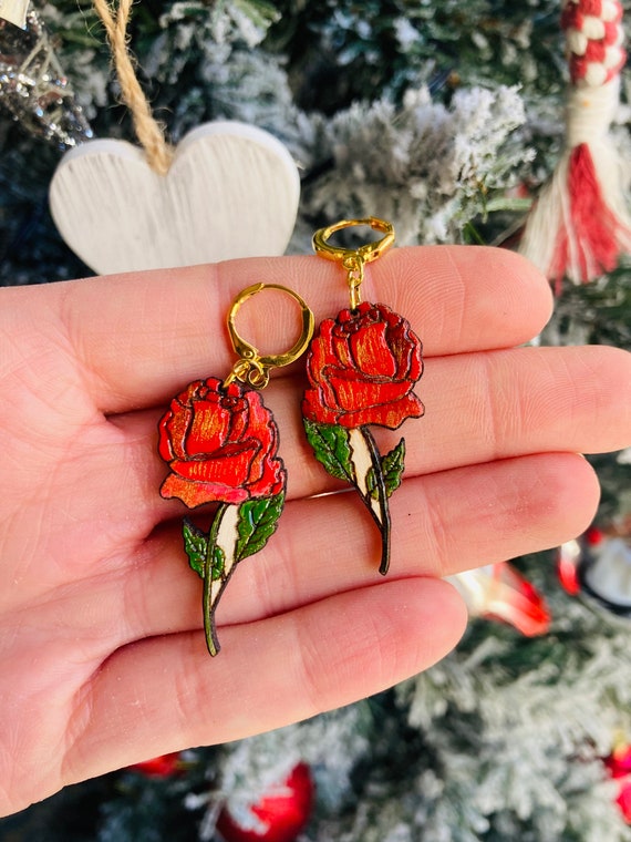 Rose Earrings// Valentines Earrings// Mothers Day Earrings// Wood