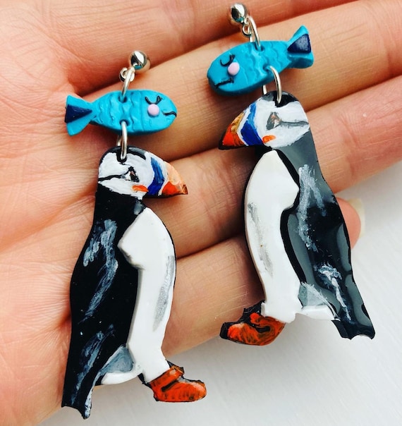 Polymer Clay Earrings Puffin Earrings Animal Earrings Spring