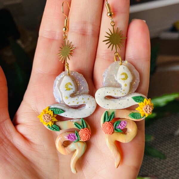 Snake earrings// summer earrings// celestial earrings// flower earrings// polymer clay earrings.