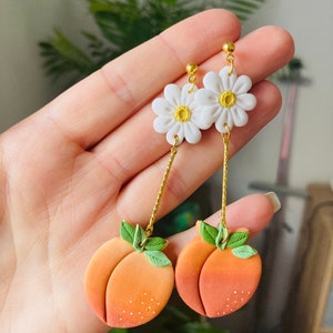Summer earrings// spring earrings//peach earrings// fruit earrings// clay peach earrings// polymer clay earrings//flower earrings image 5