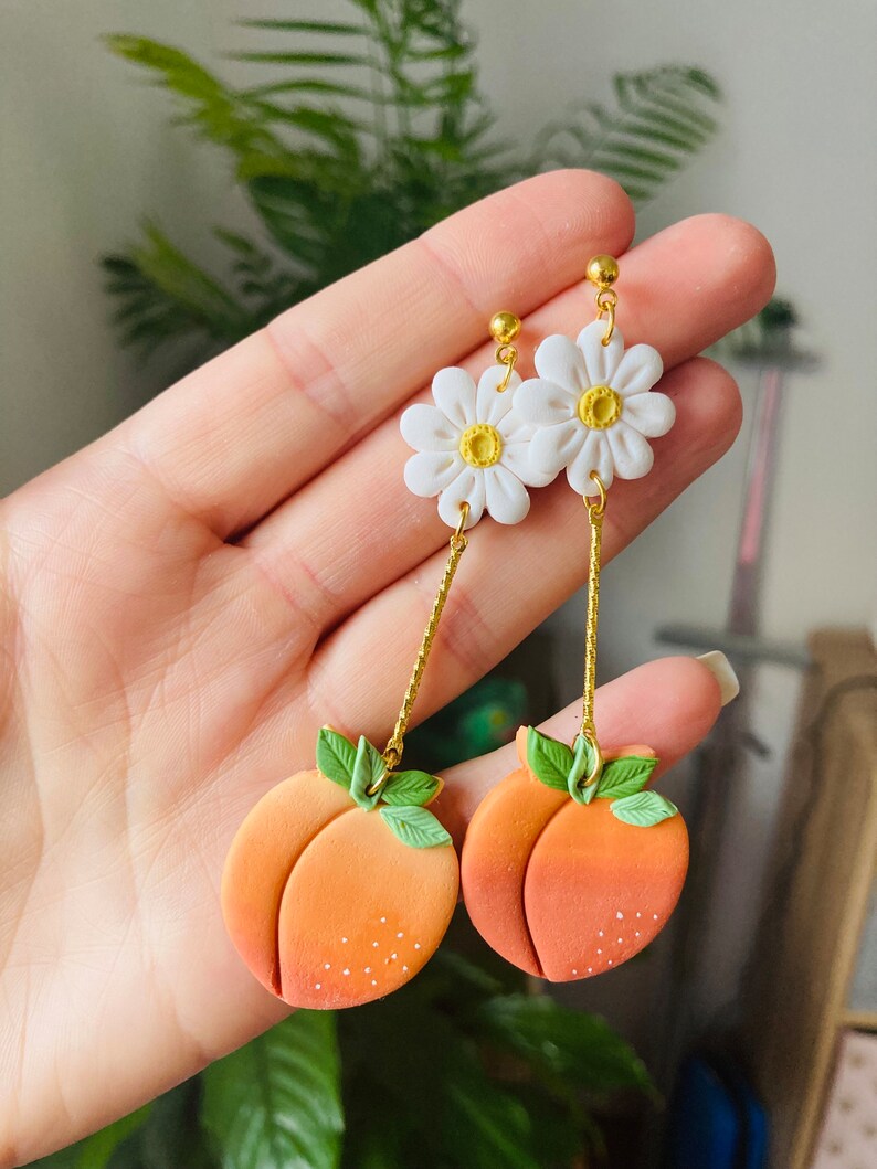 Summer earrings// spring earrings//peach earrings// fruit earrings// clay peach earrings// polymer clay earrings//flower earrings image 5