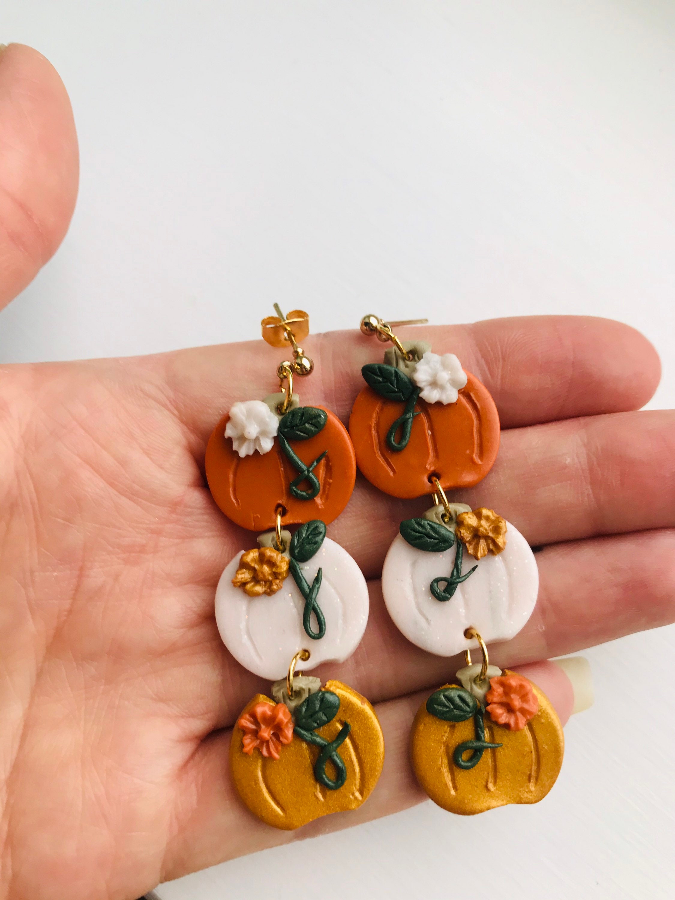 Polymer Clay Pumpkin Earrings/ Dangle Halloween Floral Design/ Autumn Necklace Available To Match