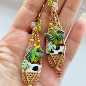 Spring earrings// summer earrings//boho earrings// Easter earrings// hanging basket earrings// plant earrings//clay earrings.