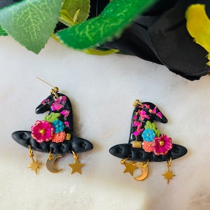 Pendientes de sombrero de bruja // Pendientes de Halloween // Pendientes de otoño // Pendientes de arcilla polimérica // Pendientes de Halloween de arcilla // Pendientes de flores //