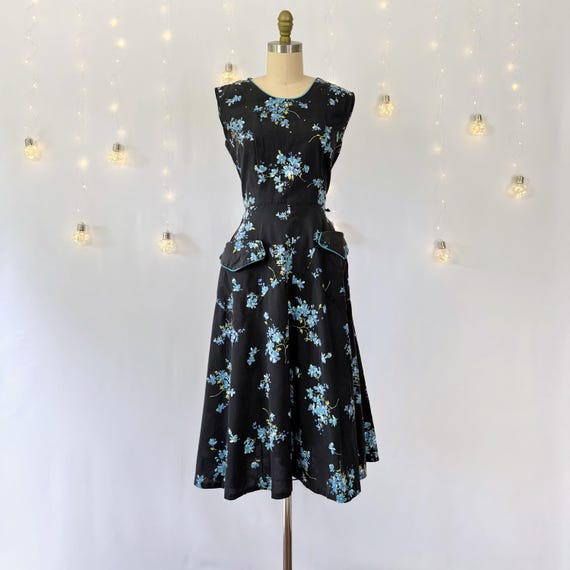 1950s Cotton A-Line Dress with Rhinestones - Medium (6-8) - Black and Blue Floral Day Dress