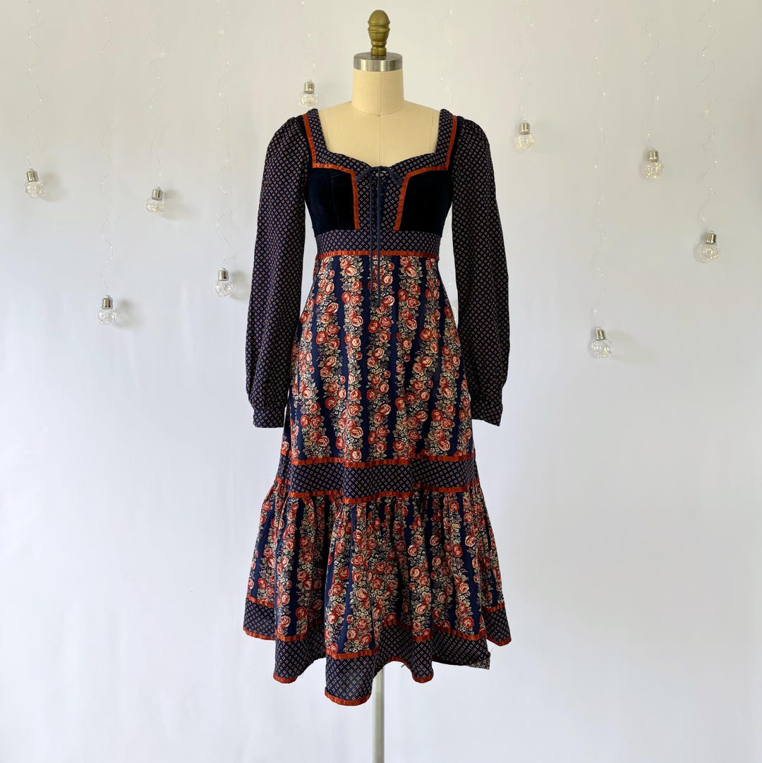1970s Blue Gunne Sax Dress - XS - Cabbage Rose Print A-line Dress - Etsy