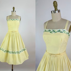 1950's Vintage Shayne of Miami Cotton Sun Dress - 50s Yellow Fit and Flare Day Dress with Embroidered Trim - Size Small - Mother's Day Dress