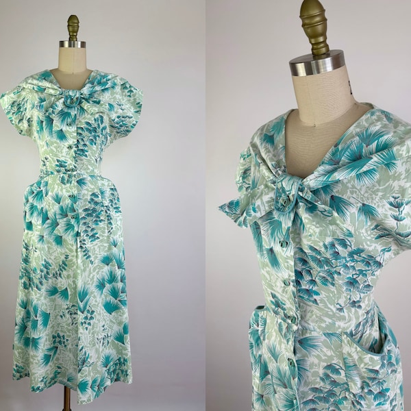 Late 1940's Early 1950's Dress - Vintage Late 40's Early 50's House Dress - Teal Dress with Tropical Print - Size Medium