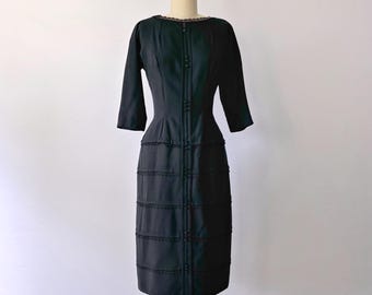1950s Wiggle Dress by Pat Hartly - Black Mid Century Cocktail Attire - Medium Size 6