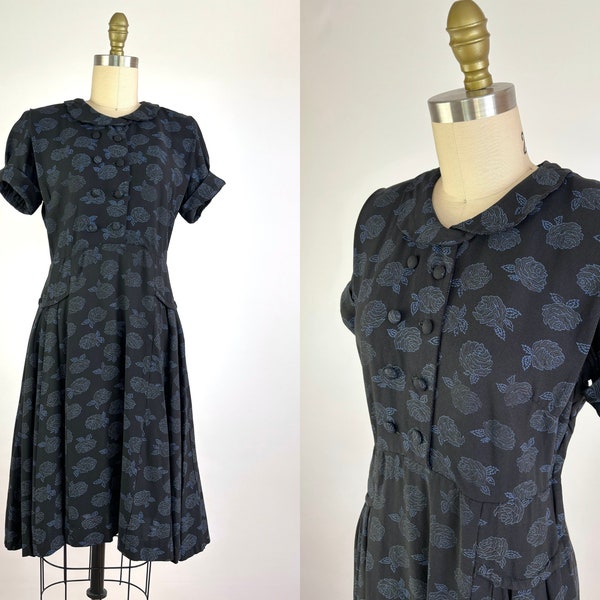 1940's Dress - Vintage 40's Day Dress - Navy Dress with Rose Print and Shoulder Pads - Size Medium