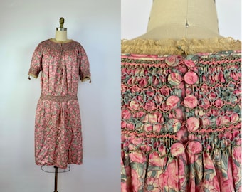 1920's Vintage Silk Folk Dress - 20's Drop Waist Hungarian Dress with Floral Print - Size XS Small