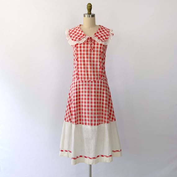 red gingham drop waist dress Flossie Mini Dress in Red Gingham