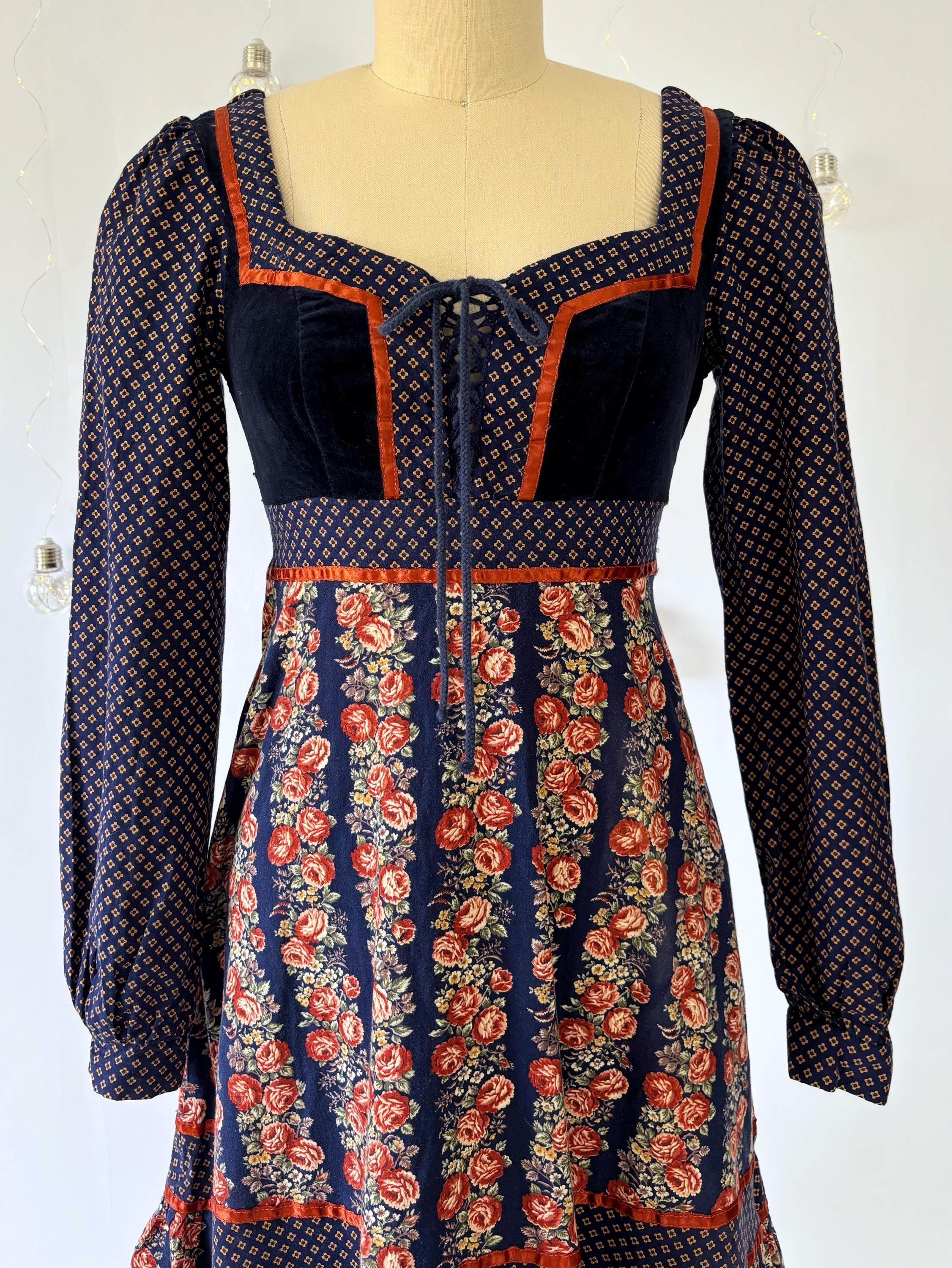 1970s Blue Gunne Sax Dress - XS - Cabbage Rose Print A-line Dress - Etsy