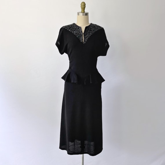 1940s Crepe Rayon Party Dress - Size 0-2 Xs - Sequined Black Cocktail Dress