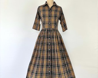 1950&#39;s Cotton Shirtwaist Dress - Vintage 50&#39;s Fit and Flare Plaid Dress - Size XS