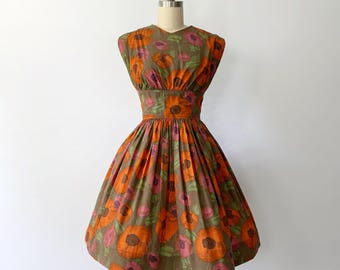 1950&#39;s Dress by Jonathan Logan - 50&#39;s Cotton Fit & Flare Dress with Poppy Print- Size XS