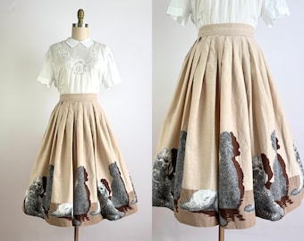 Vintage 1950's Circle Skirt with Dog Border Print - 50's Novelty Print Skirt - Vintage Puppy Print Skirt - Size Small