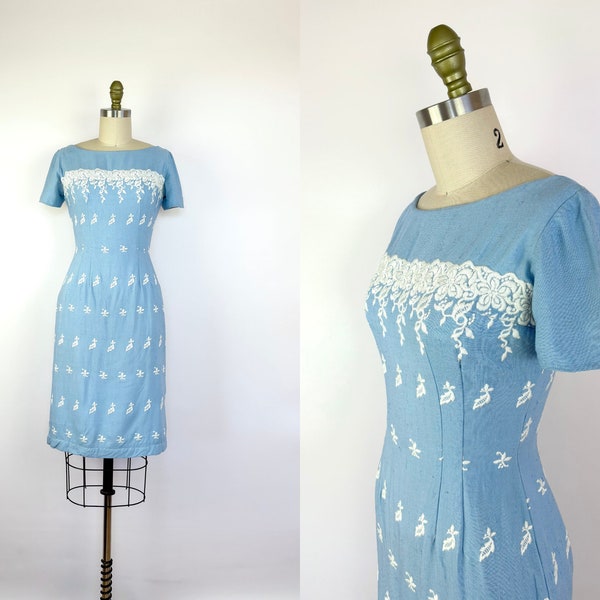 1960's Vintage Linen Dress by Maggie Stover - Sky Blue 60's Wiggle Dress with White Embroidery - Mother's Day Dress - Brunch Dress - Size XS