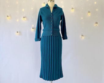 1950's Knit Sweater Set - Size Small Medium - Teal Blue Bombshell Chenille Wool