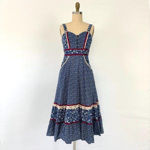 Vintage Gunne Sax Dress - 1970&#39;s Blue Gunne Dress - Size 5 XS - Morris Print Gunne Sax