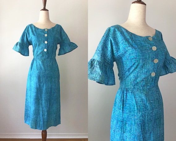 1950's Dress - Fitted Vintage 50's Dress - Teal Fi
