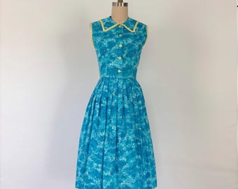 1960&#39;s Cotton Shirtwaist Dress - Vintage 60&#39;s Vibrant Blue Summer Dress with Ric Rac Trim - Fit and Flare - Size Medium