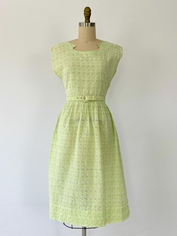 1950s Cotton Dress - Size 2-4 Small - Vintage Green Eyelet A-Line Dress