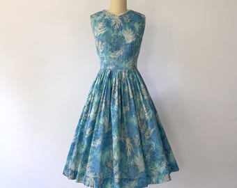 1950s Cotton Fit and Flare Dress  - Size 4 Small - Blue Floral Print Sundress