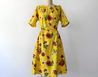 1950&#39;s Day Dress XL - True Vintage 50&#39;s Fit and Flare Dress - Yellow with Brown Rose Print