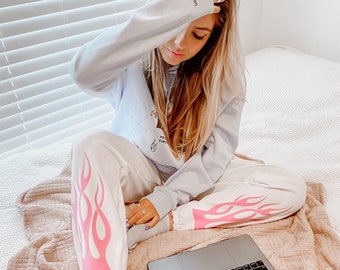 Flame Sweatpants | White and Pink Joggers | Tiktok Trend