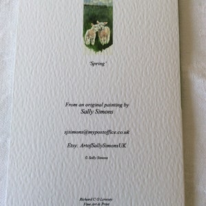 May include: A watercolor painting of two white lambs in a field, with the title 'Spring' written below. The painting is from an original by Sally Simons, with contact information for the artist.