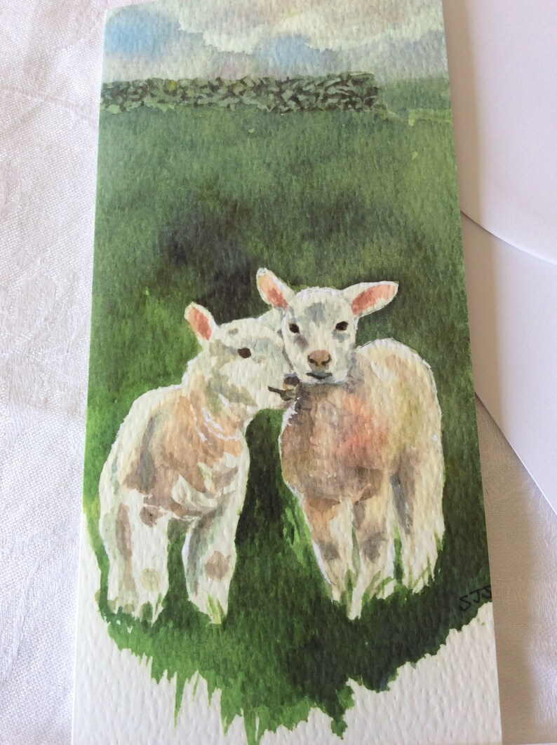May include: Watercolor painting of two white lambs standing in a green field. The lambs are facing each other and appear to be nuzzling. The background is a green field with a stone wall in the distance.