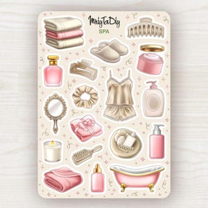 May include: A sticker sheet featuring spa-themed illustrations. Includes a pink bathtub, towels, a candle, perfume, a hand mirror, a hair clip, a scrunchie, pajamas, slippers, lotion, and a brush. The text "Mriyla DiY SPA" is visible.
