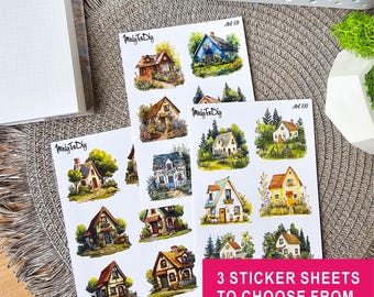 Cottage Houses Stickers - Fairytale Journaling Decor, 3 different designs | for Scrapbooking, Journaling, Planner