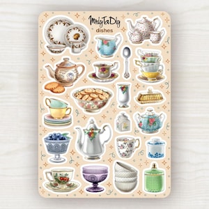 Vintage Dishes Planner Stickers – Tea Set and Kitchen Ephemera for Journaling, Scrapbooking, Bujo, Retro Teacups, Cozy Tea Time Decor