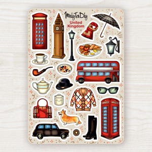 Foglio di adesivi - Regno Unito. Adesivi per Bullet Journal, Adesivi per Planner, Adesivi per Album, Gran Bretagna, Inghilterra, Londra