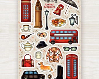 United Kingdom Sticker Sheet: London, England. For Scrapbooking, Journaling, Planner and Bullet Journal